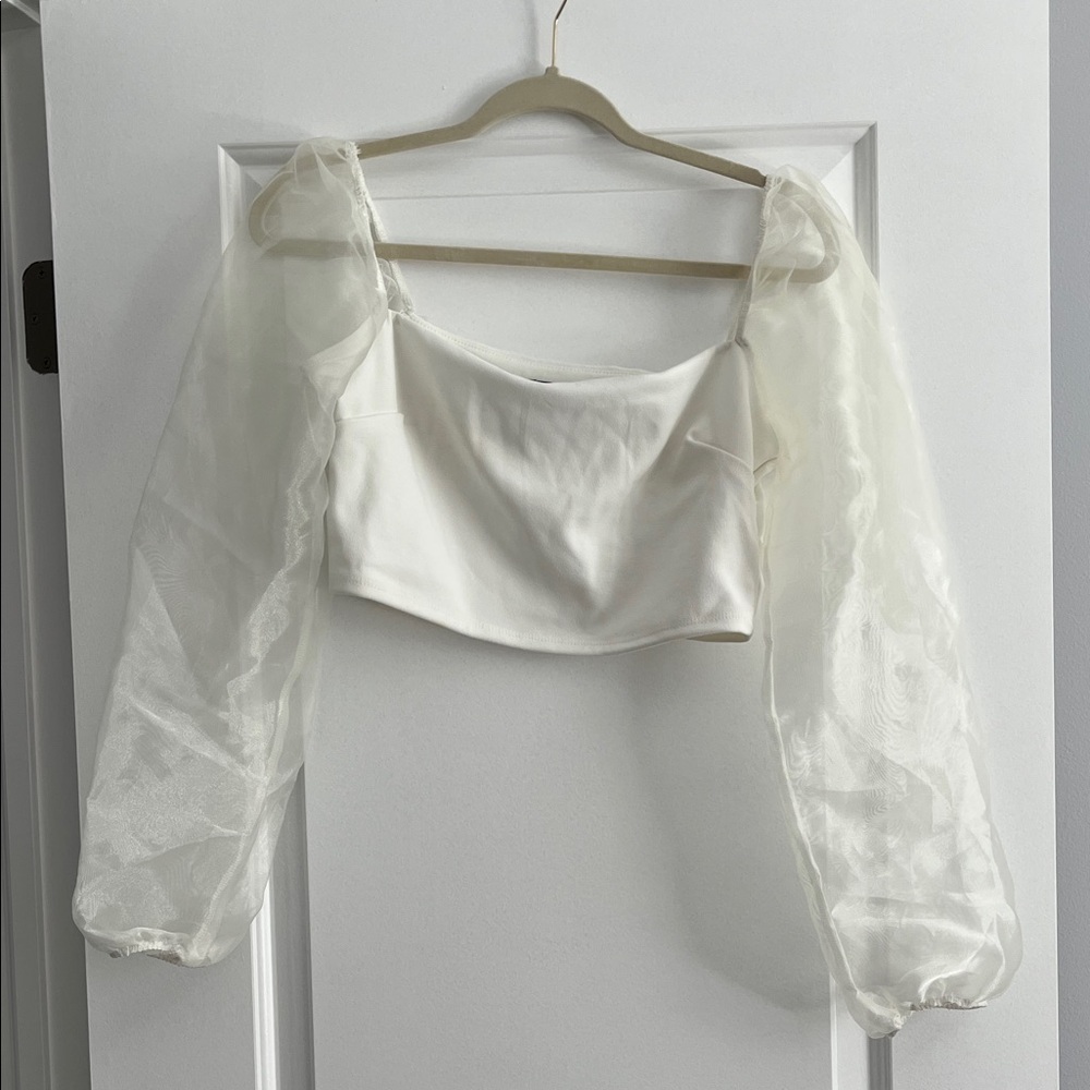 Lulu's Cream Sheer Sleeve Crop Top